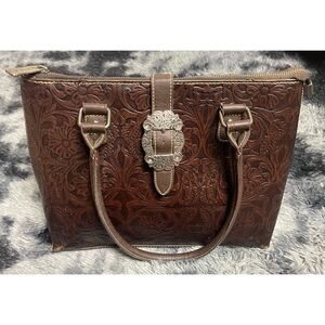 Trinity Ranch Tooled Brown Leather Handbag